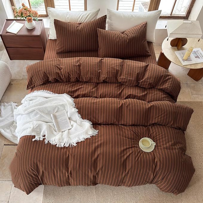 Striped Duvet Cover Set 100% Washed Cotton Linen Like Soft Feelling Breathable Bedding(Burnt Orange/Black Strip,Twin)