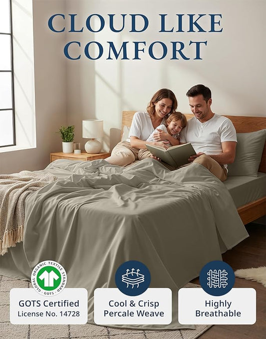 LANE LINEN 100% Organic Cotton California King Sheets Set, Fully Elasticized Reinforsed Seams in Fitted Pocket, Machine Washable Naturally Cooling All Season Cal King Sheet- Silver