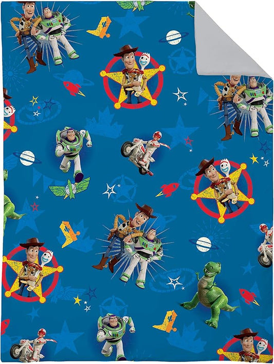 Disney Toy Story - Play Time - Blue, Yellow, Green, Red, Gray 4 Piece Toddler Bed Set with Comforter, Flat Top Sheet, Fitted Bottom Sheet, Standard Size Pillowcase