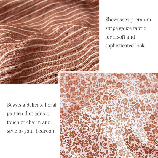 Queen Comforter Set - 7 Pieces Autumn Leaf Gauze Muslin Bedding Sets for All Seasons, Lightweight Breathable Bed in a Bag Queen with Revesible Farmhouse Comforter, Sheets, Pillowcases & Shams
