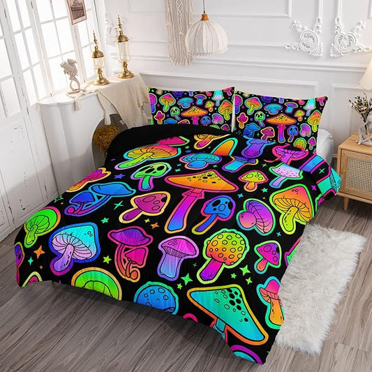 Mushroom Comforter Set Kids Bedding Set Full,3Pcs Colorful Soft Black Gradient Mushroom Quilt Set Bed in A Bag with 1 Comforter 2 Pillowcases for Kids Boys Girls Teens Adults Room Decor All Season