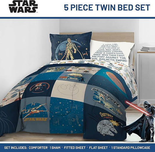 Jay Franco Kids Comforter Set Includes Sheets and Pillow Covers - Soft and Cozy Bed Set for Stylish Room Decor, Blue - Star Wars 01, 5 Piece Twin Bedding
