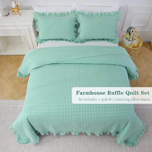 Spa Blue White Ruffle Gingham Quilt Set Queen Size with 2 Pillow Shams, 100% Washed Cotton Yarn-Dyed Quited Bedspread Farmhouse Bedding Set (Spa Blue, Queen) | Ruffle, gingham sheets