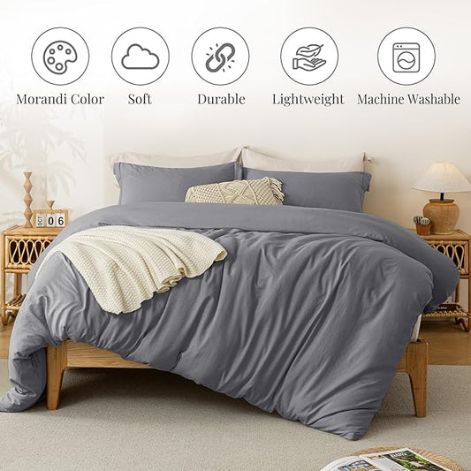 MILDLY Super Soft Duvet Cover - 100% Washed Microfiber Dark Grey Comforter Cover Set 3 Pieces with Zipper Closure & Corner Ties (No Comforter)