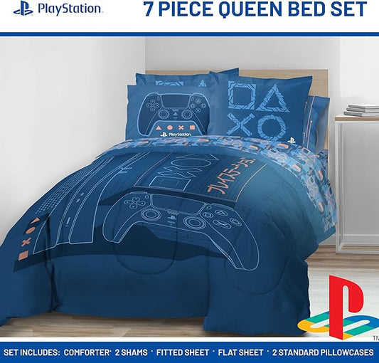 Jay Franco Kids Comforter Set Includes Sheets and Pillow Covers - Soft and Cozy Bed Set for Stylish Room Decor, Official Licensed Bedding, Blue - PlayStation, 7 Piece Queen