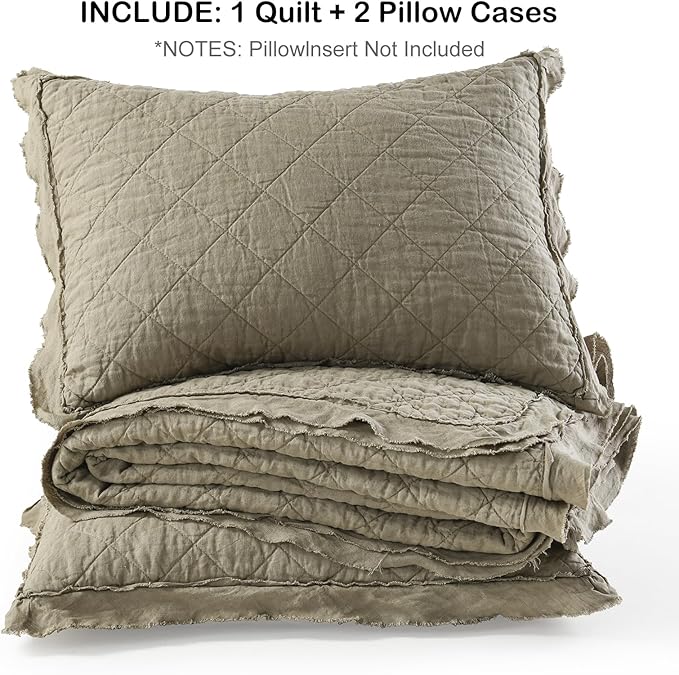 HORIMOTE HOME 100% Linen Front/100% Cotton Back Quilt Set King Size, Olive Green Pre-Washed European Flax Linen Quilt, Diamond Stitch Bedspread Coverlet Bedding Set 3-Piece for All Seasons
