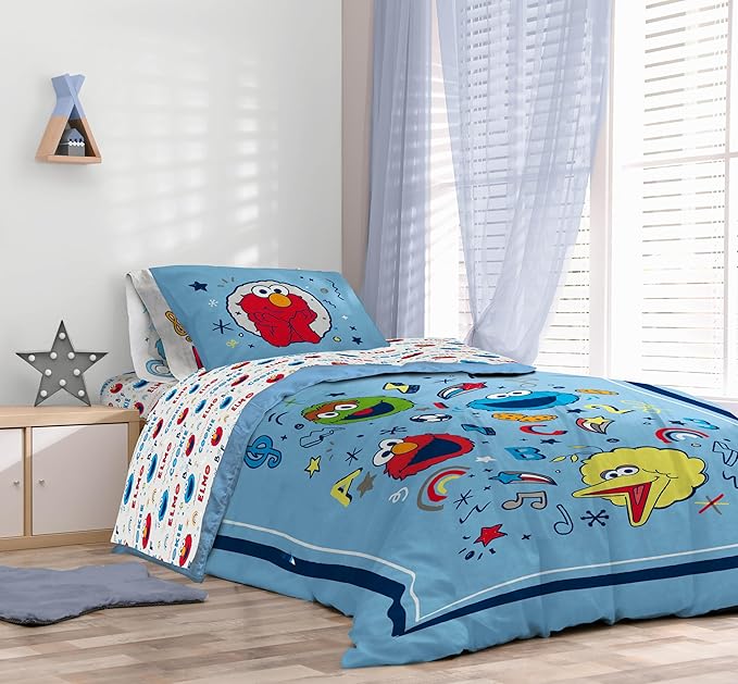 Sunny Side Up Sesame Street Twin Comforter Set - 5 Piece Kids Bedding Includes Comforter, Sheets & Pillow Cover – Super Soft Microfiber Bed Set with Elmo, Cookie Monster and Big Bird