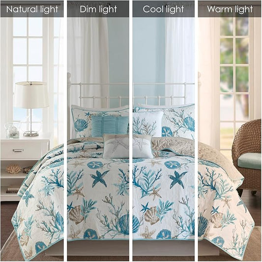 Madison Park Quilt Set Cottage Coastal Design, Starfish Print - All Season, Coverlet Bedspread Lightweight Bedding Layer, Shams, Toss Pillows, King/Cal King(104"x94"), Pebble Beach Aqua 6 Piece