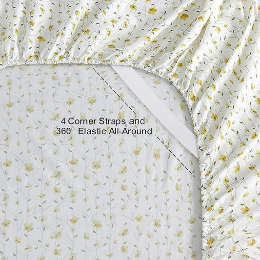 Softan Yellow Floral Sheets for Queen Size Bed Printed Bed Sheets - 4 Piece Soft Microfiber Patterned Fitted Sheets Queen with 15" Deep Pocket and Corner Straps,Cute Flower Sheets & Pillowcase Set