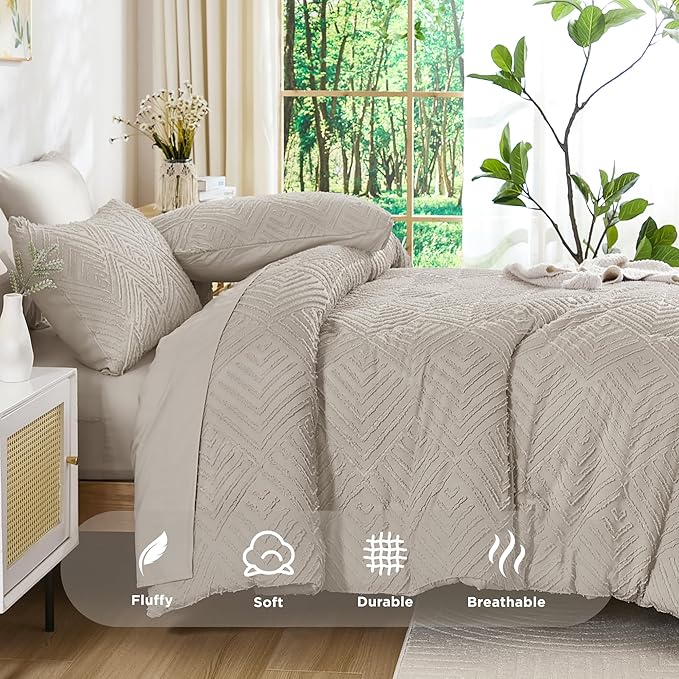 Andency Oversized King Size Comforter Set 7 Pieces Linen - Bed in a Bag Oversized King Boho Lightweight Fluffy Tufted Bedding Sets with Comforter, Sheets, Pillowcases & Shams