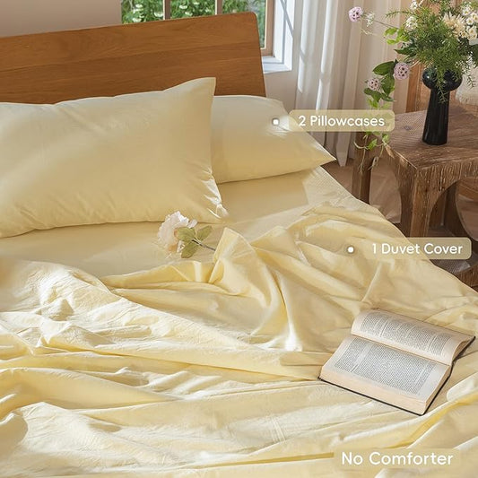 MooMee Bedding Duvet Cover Set 100% Washed Cotton Linen Like Textured Breathable Durable Soft Comfy (Heathered Butter Yellow, Super Queen 90"x98")
