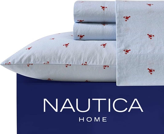 Nautica - King Sheets, Cotton Percale Bedding Set, Casual Bedding Set (Lobster Walk Red, King)