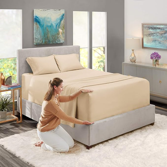 Nestl Microfiber Bed Linen Set, Deep Pocket Twin Sheets, Beige Cream, 3 Piece Set