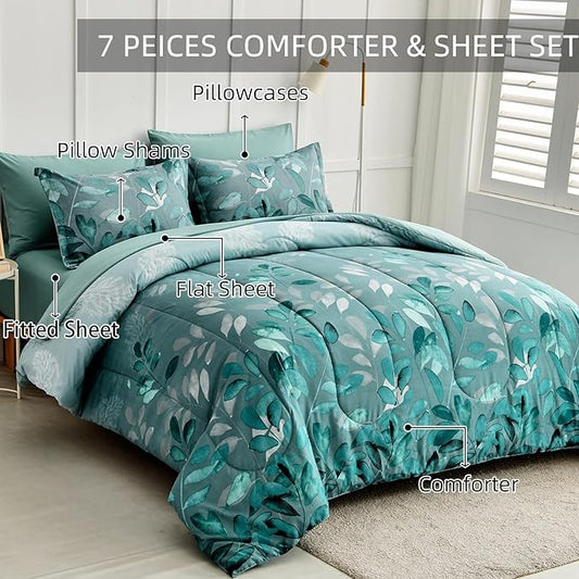 Anibedding Aqua Comforter Set King Size, 7 Pieces Botanical Leaves Reversible Soft Microfiber Bed in a Bag with Sheets Set for All Season (104"x90")