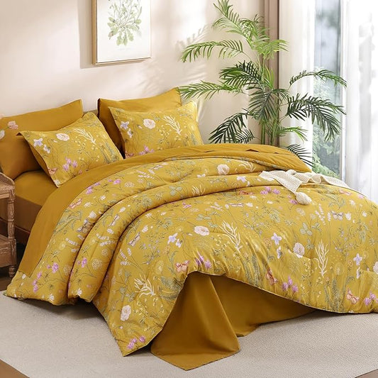 Yiran Queen Comforter Set, 7 Pieces Yellow Floral Soft Bedding Sets, Queen Bed in a Bag with Botanical Flowers All Season Comforter, Sheets, Pillowcases & Shams