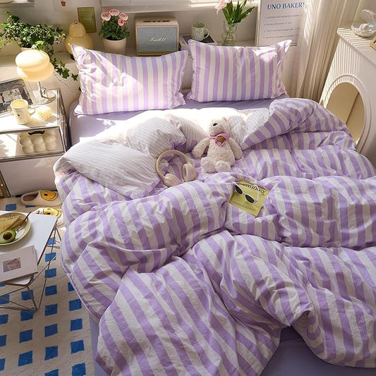 EAVD Farmhouse Purple Striped Duvet Cover King Soft Washed Microfiber Pink White Vertical Striped Bedding Set with 2 Pillowcases Modern Geometric Pattern Duvet Cover with Zipper Closure