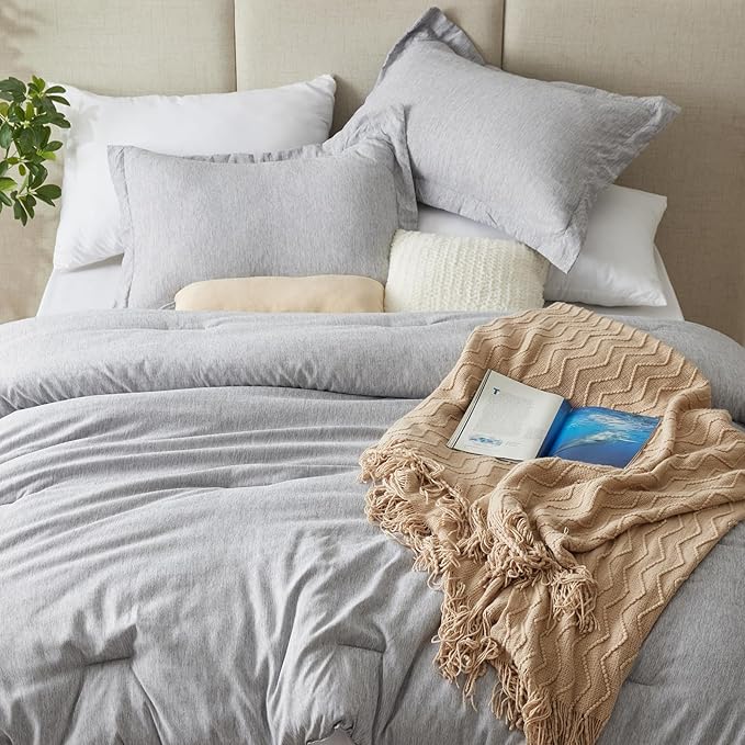 CozyLux Oversized Queen Comforter Set, 3 Pieces 98x98 Light Grey Soft Luxury Cationic Dyeing Bedding Set, Light Gray Breathable Lightweight Bed Set with 1 Down Alternative Comforter and 2 Pillow Shams