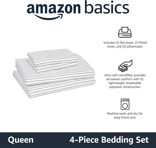 Amazon Basics Lightweight Microfiber 4-Piece Bed Sheet Set, Queen, Plum, Printed