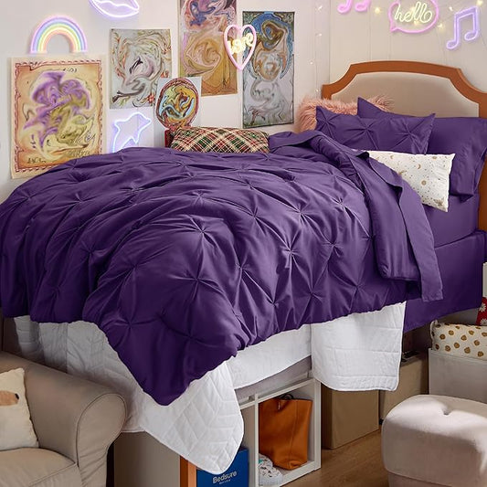 Bedsure Twin Comforter Set Purple - Bed in a Bag Twin Size Bedding 5 Pieces, GentleSoftโข Pintuck Bed Set Gift for Family, Pinch Pleat Purple Comforter with Sheets, Pillowcase & Sham