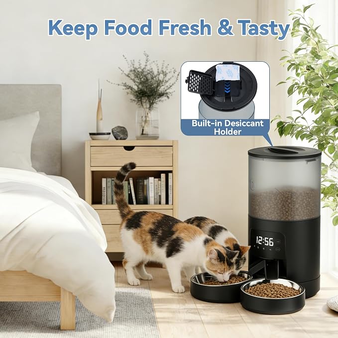 Sweetcrispy Automatic Cat Feeder for 2 Cats, 6L Automatic Pet Feeder, Black | 25.3 Cups, 2 Stainless Bowls, Programmable Schedule, 6 Meals/Day, 50 Portions/Meal, Dual Power Supply, 10s Meal Call