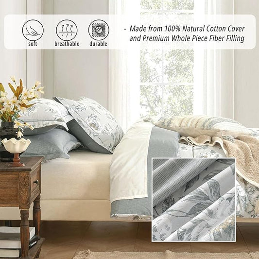 Floral Cotton Comforter King Size - Light Grey Comforter Printed with Vintage Ivory Flowers & Dark Yellow Stamens,Reversible Lightweight Bedding Sets 3Pcs(104"×90")