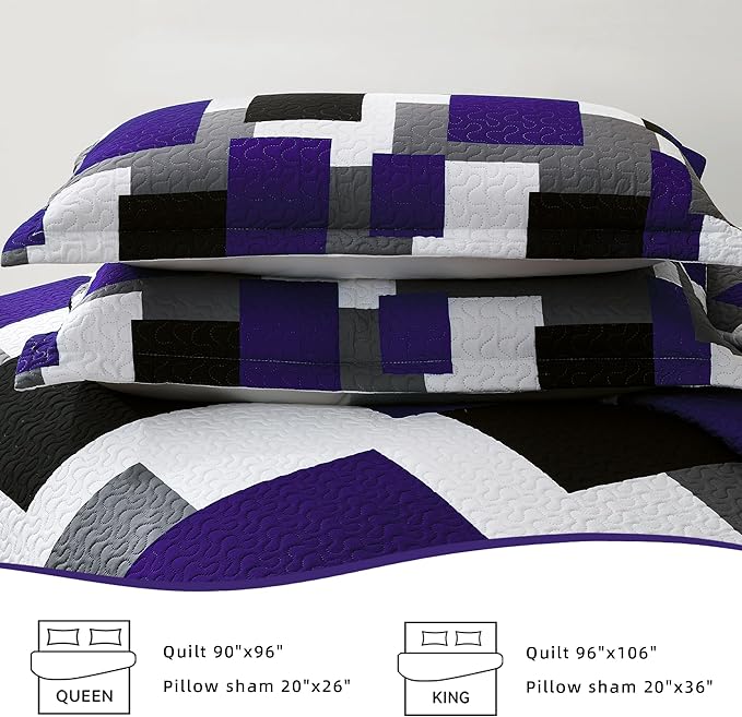 3 Piece Dark Purple Grey Quilt Set King Size Black White Geometric Reversible Bedding Set Microfiber Lightweight Bedspread Coverlet with 2 Shams Modern Bed Covers for All Season, 106''x96''