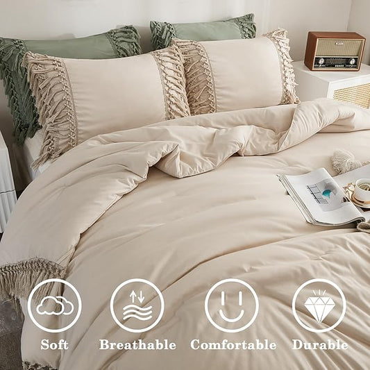 Andency Comforter Queen Size Set Beige, 3 Pieces Tassel Boho Lightweight Winter Bedding Comforters & Sets, All Season Bed Set (90x90In Comforter & 2 Pillowcases)