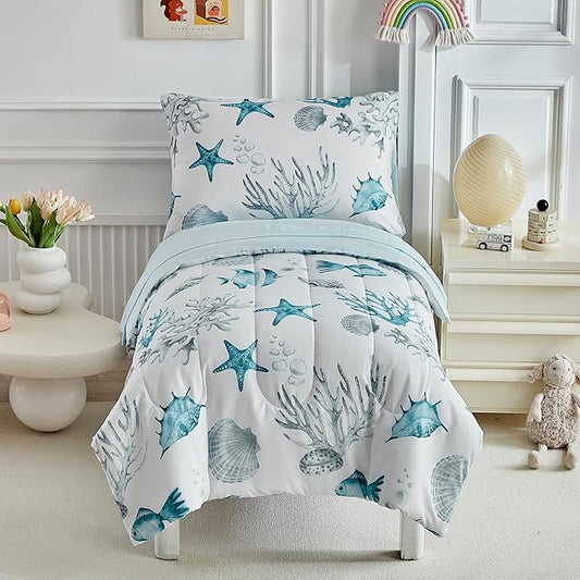 White Toddler Bedding Set for Boys Girls Water Blue Colorful Ocean Starfish Shell Aquatic Plant 4PC Toddler Bed Set - Soft Blue Cute Toddler White Bed in a Bag with Sheet Set and Pillow Shams
