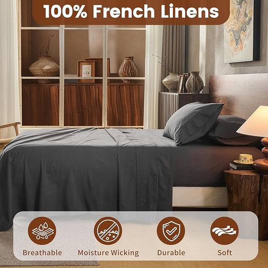 100% Linen Sheets King Size,Breathable & Durable 4-Piece Bed Flax Sheet Set,Soft All-Season Bedding for Hot Sleepers 16" Deep Pocket Oeko-TEX Certified,(King, Dark Grey)