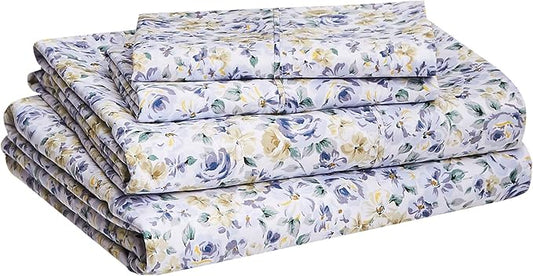 Amazon Basics Lightweight Super Soft, Breathable, Machine Washable, Wrinkle Resistant Microfiber 4 Piece Sheet Set with 14-Inch Deep Pockets - King, Blue Floral