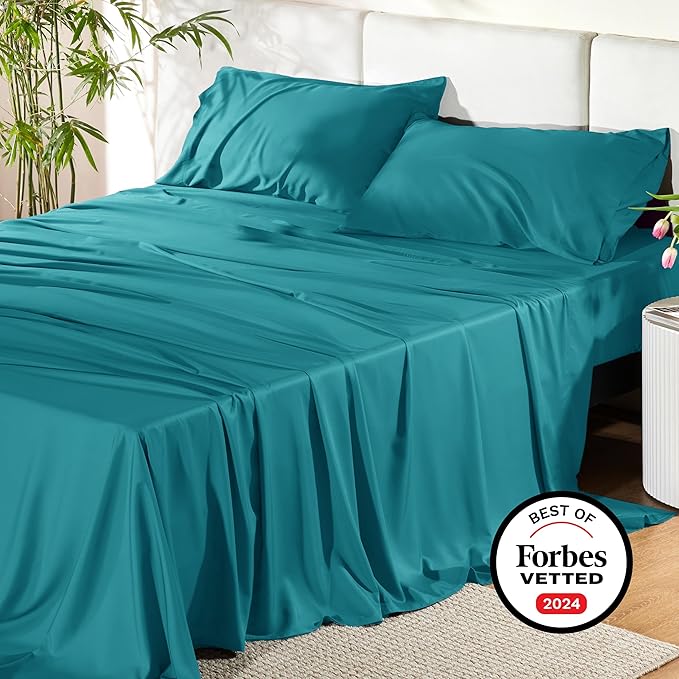 Bedsure Queen Sheet Set, Rayon Derived from Bamboo, Cooling Sheets, PureWoven, Breathable & Soft, Deep Pocket Up to 16 Inches, Hotel Luxury Silky Bedding for Hot Sleepers, Turquoise
