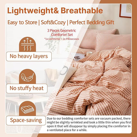 EAVD Pink Tan Gingham Comforter Set Twin XL Soft Washed Cotton Farmhouse Mini Pink Tan Checkered Plaid Bedding Set with 2 Pillowcases Modern Farmhouse Reversible Plaid Comforter Set for All-Season