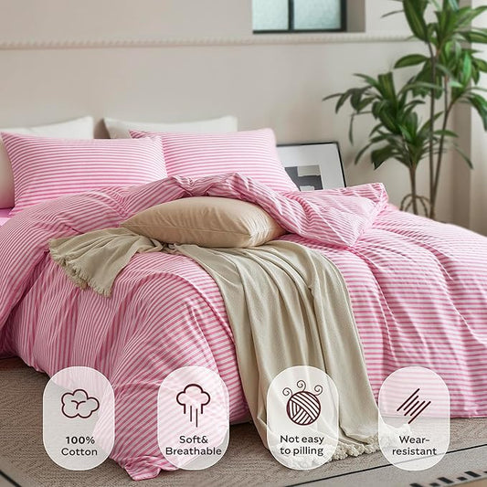 JELLYMONI Twin Duvet Cover Set, Cotton Duvet Cover 2 Pieces with Zipper Closure, 1 Duvet Cover and 1 Pillowcase(Pink with White Striped)
