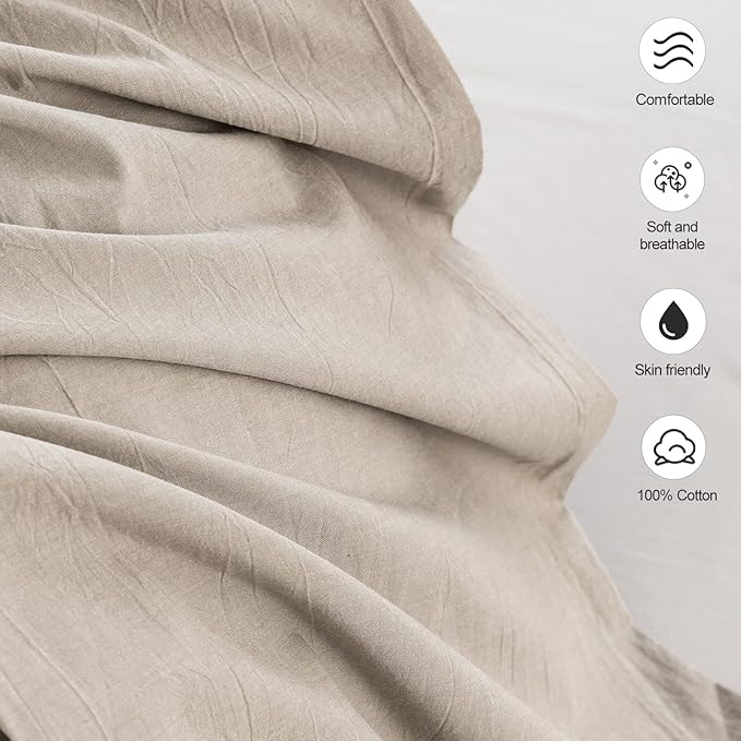 MooMee Bedding Pillowcases Pack of 2 100% Washed Cotton Linen Like Textured Breathable Durable Soft Comfy (Heathered Tannish Linen Grey, Queen)