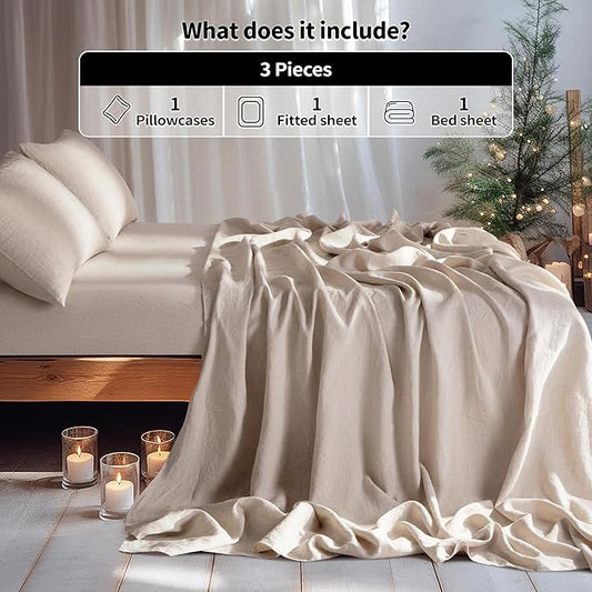 LBRO2M 100% Pure Linen Sheet Set Deep Pocket Up to 16" Bed Sheets Sets, Natural Flax Beddings Soft, Breathable, Comfortable for All Seasons Twin XL Size, Linen