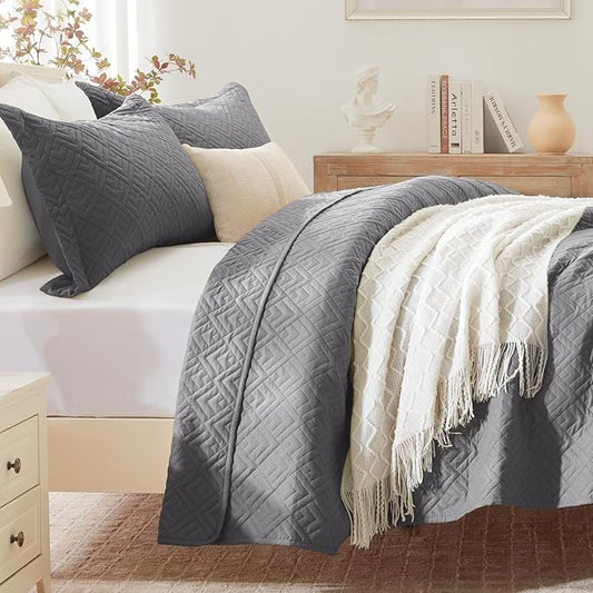 EXQ Home Quilt Set King Size Grey 3 Piece,Lightweight Soft Coverlet Modern Style Squares Pattern Bedspread Set for All Season(1 Quilt,2 Pillow Shams)