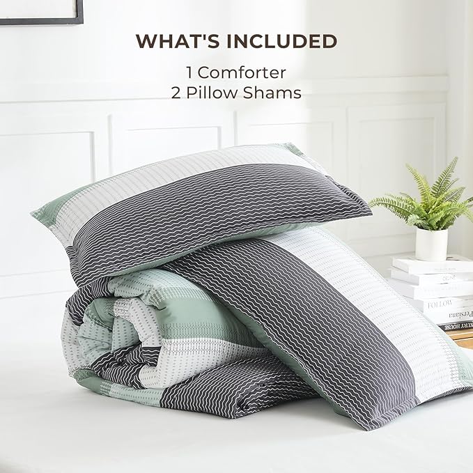 Litanika Queen Comforter Set Sage Green - 3 Pieces Lightweight Quilt Bedding Comforter Sets, Light Green White Colorblock Stripe Fluffy Bed Set, All Season Down Alternative