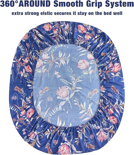 JSD Navy Floral Sheet Set Full Size, 4 Piece Printed Microfiber Sheets Extra Deep Pocket Wrinkle Free