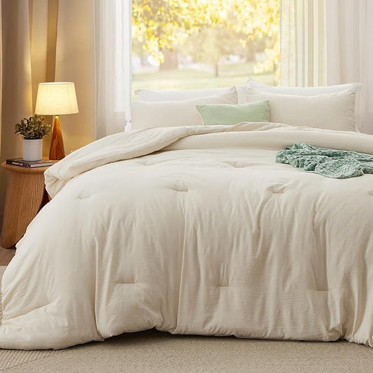 Bedsure Queen Comforter Set, Cream Soft Prewashed Bedding for All Seasons, 3 Pieces GentleSoft™ Bed Set, 1 Lightweight Comforter (90"x90") and 2 Pillowcases (20"x26")