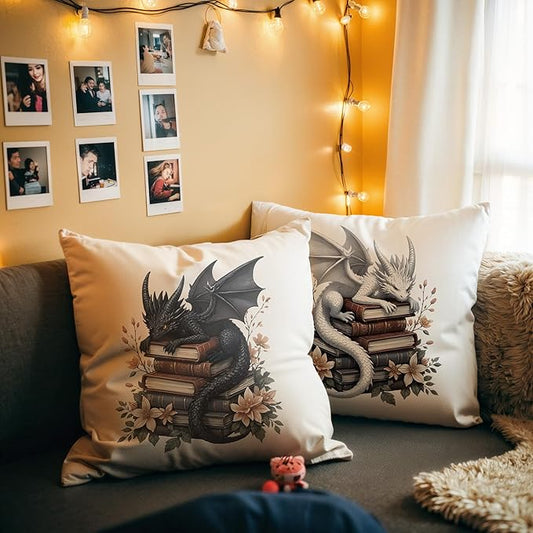 Vintage Magical Black White Dragon Reading Book Decorative Throw Pillow Covers 18x18 Set of 2, Fantasy Room Decor for Kids, Gamers, and Bookworms,Reading Nook Decor, Gifts for Bookworm Readers
