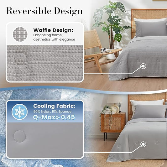 Amélie Home Waffle Cooling Comforter King Size, Q-Max 0.45 Reversible Lightweight Cooling Blanket for Hot Sleepers, Breathable Bedding for Night Sweats, 106"x90", Cool Gray