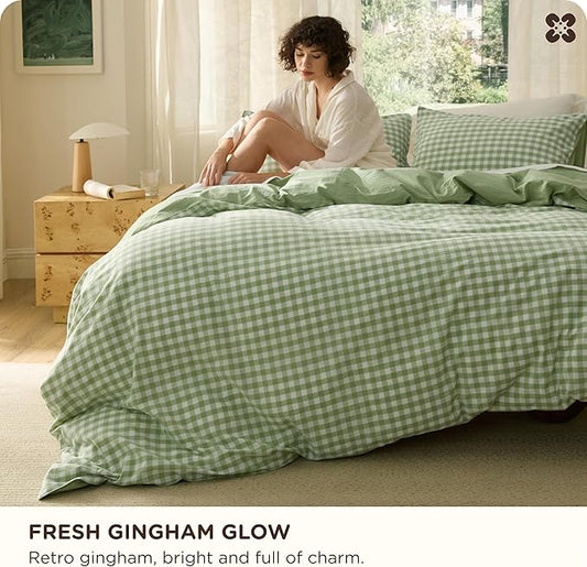 Bedsure Gingham Duvet Cover King Size, 100% Washed Cotton PureWoven Duvet Cover Linen Like Textured, Classic Yarn-Dyed Checkered Pattern Enhances Bedroom Comfort & Style, Gingham Sage Green, 104"x90"