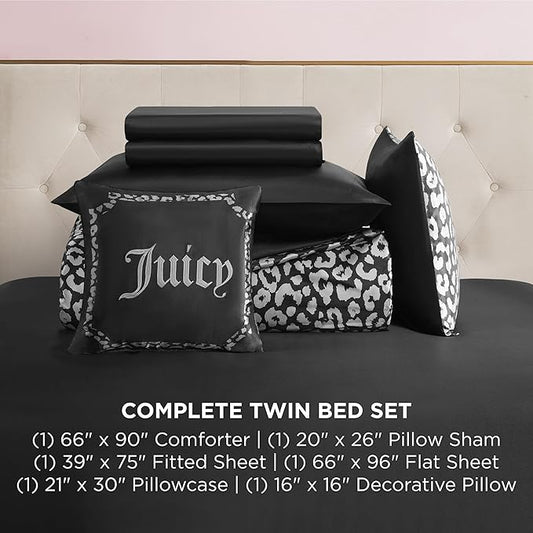 Juicy Couture Modern Black Leopard Satin Twin Comforter Set - Luxury Bed in a Bag – Soft & Stylish 6-Piece Bedding Collection