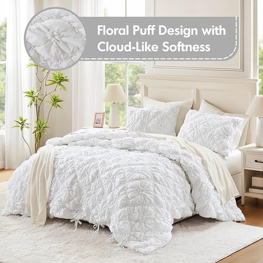 Intelligent Design Queen Comforter Set – White Lily Puffy Floral Shabby Chic Boho Bedding, Ultra-Soft, Lightweight & All-Season, Full/Queen