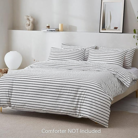 JELLYMONI 100% Natural Cotton 2pcs Striped Duvet Cover Sets, White Duvet Cover with Thick Black Stripes Pattern Printed Comforter Cover, with Zipper Closure & Corner Ties(Twin Size)