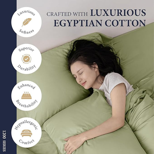 Ashton Sheets 100% Egyptian Cotton Queen Pillow Cases Set of 2 - Luxury 1200 Thread Count Pillow Cases Queen Size (Sage Green), Soft, Cooling Hotel Collection Pillowcases, Fits Queen Standard Pillow