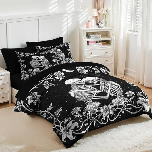 Nesker Comforter Set Queen Size, Gothic Kissing Skeleton Lover 7 Pcs Bedding for Kids and Adults, Rose Black Lovers Black Bed Sheet Sets with Fitted Sheet 2 Pillowcases & 2 Shams