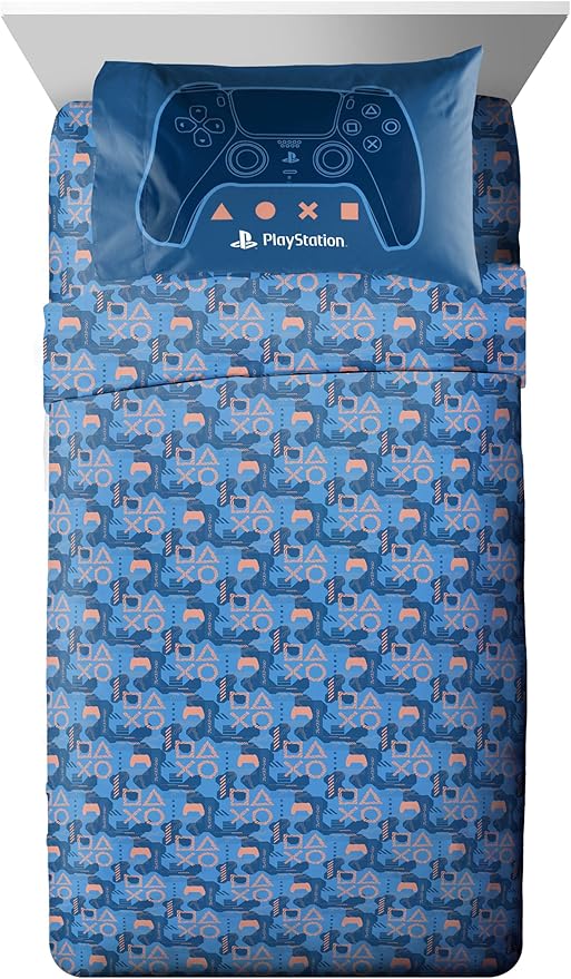 Jay Franco Kids Comforter Set Includes Sheets and Pillow Covers - Soft and Cozy Bed Set for Stylish Room Decor, Official Licensed Bedding, Blue - PlayStation, 5 Piece Twin