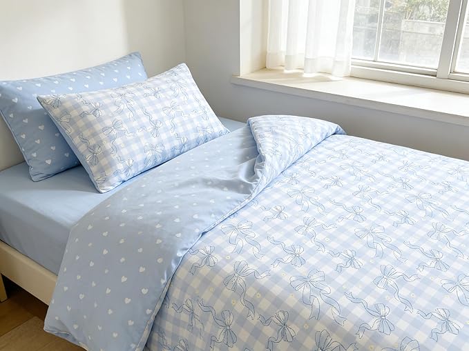 Blue Plaid Bow Comforter Set Twin Size, 2 Pcs Checkered Gingham Bedding Set Love Heart Reversible Comforter with 1 Pillowcase, 68"x86"