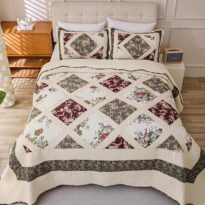 Cmfshape Floral Quilt Sets Bedspread Set 100% Cotton Patchwork Bedding Set,All Season Use Lightweight Reversible Coverlet Quilts with 2 Pillow Shams(Queen 92"x96")
